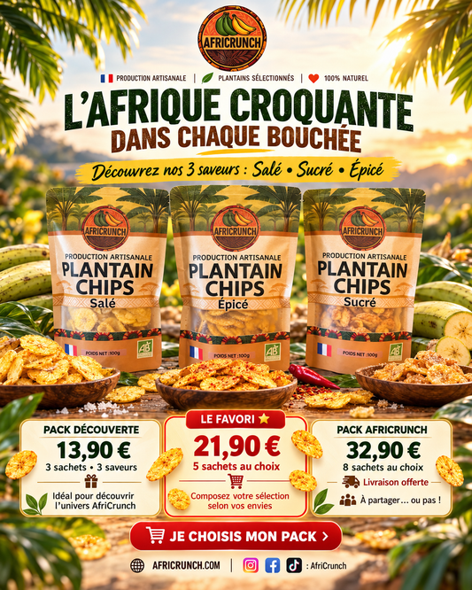 Chips de plantain AfriCrunch salé sucré épicé – packs découverte